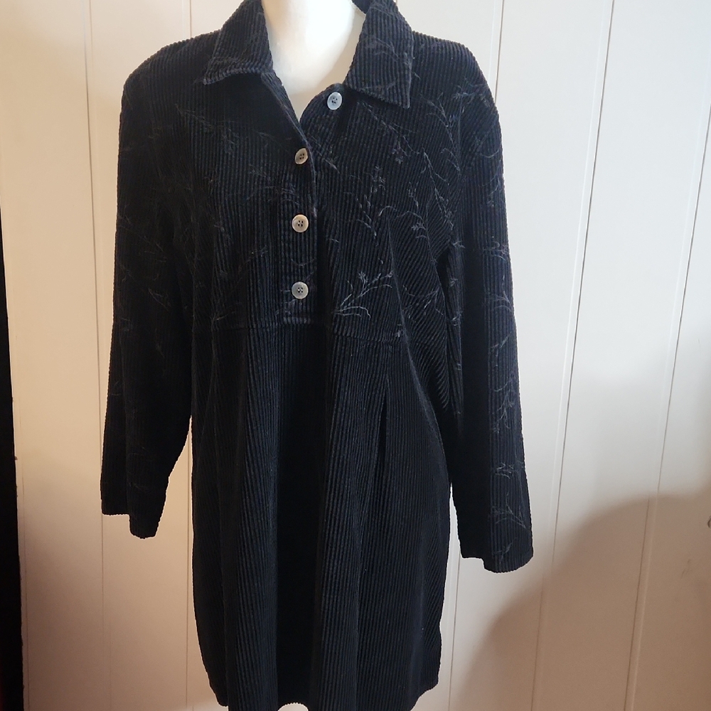 Women's Vintage Black Corduroy Western Boho Embroidered Long Sleeve Mini Dress